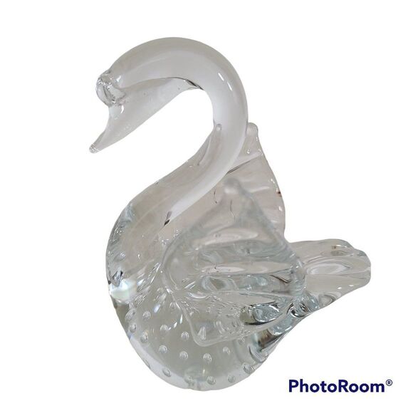Vintage Precision Controlled Bubble Clear Glass Art Swan Figurine Paperweight - Picture 1 of 15